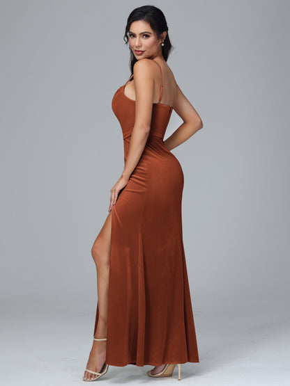 Spaghetti Straps Zipper Back Plus Size Velvet Bridesmaid Dress With Slit