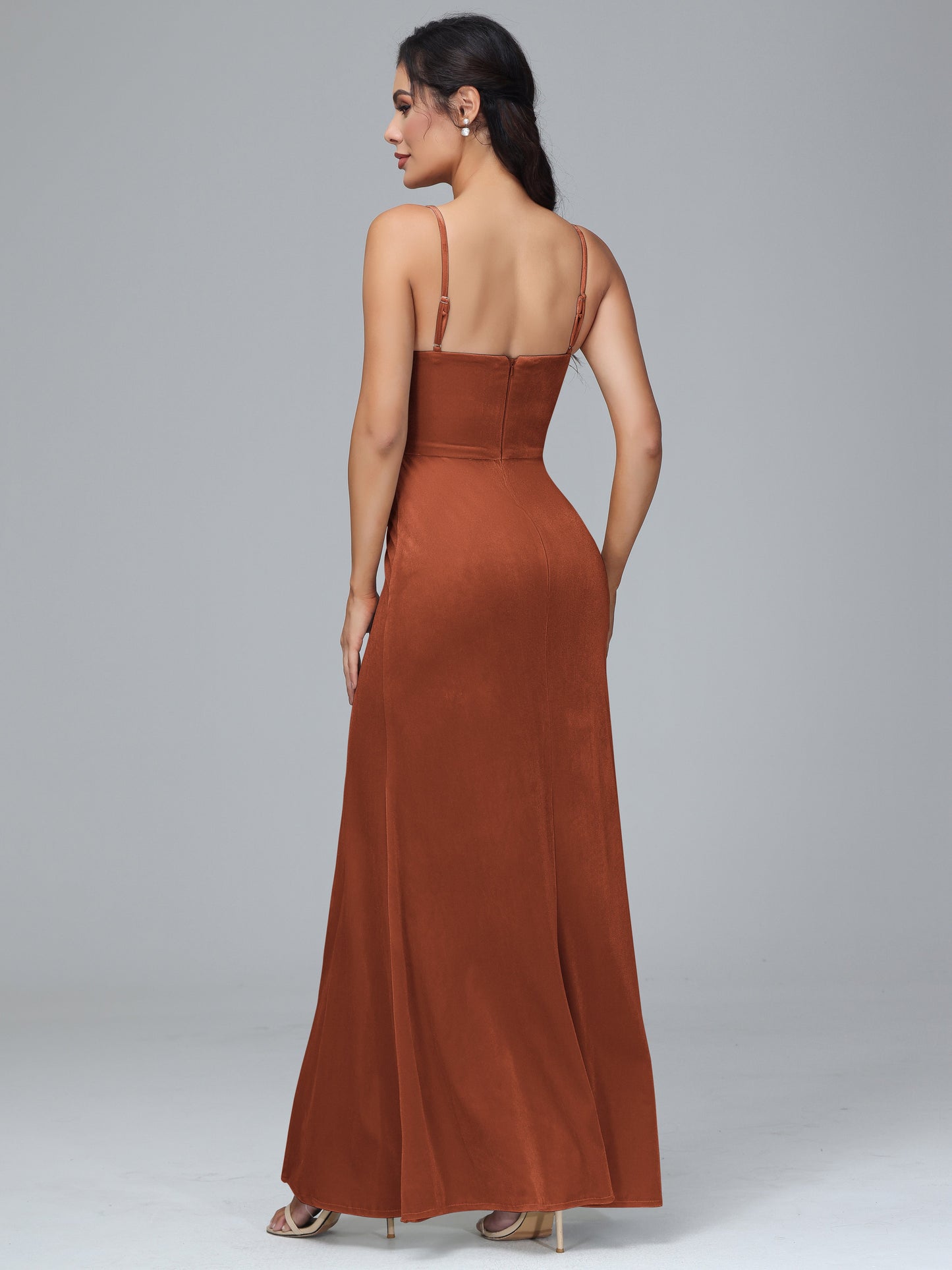 Spaghetti Straps Zipper Back Plus Size Velvet Bridesmaid Dress With Slit