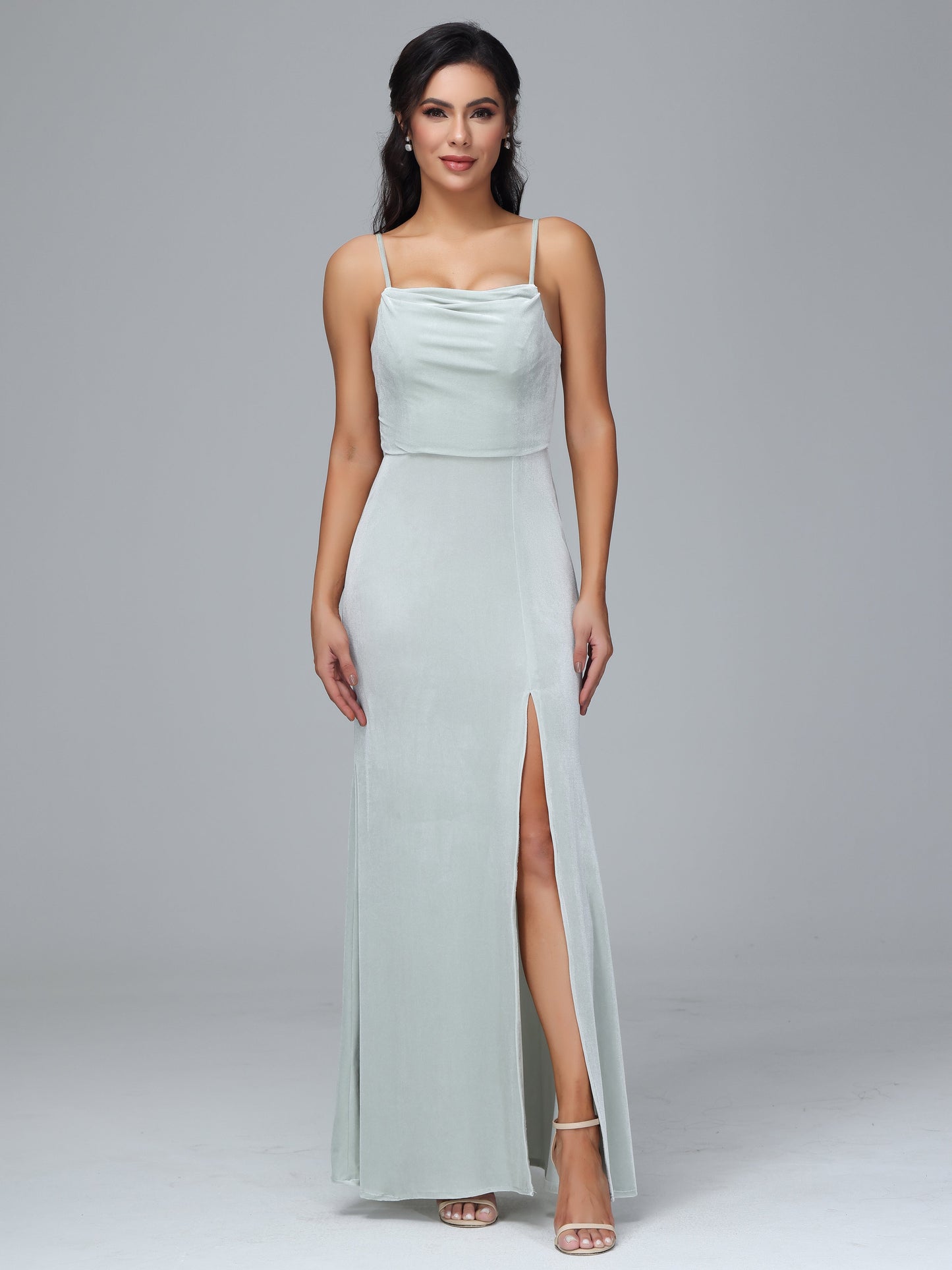 Spaghetti Straps Zipper Back Plus Size Velvet Bridesmaid Dress With Slit