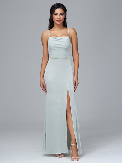 Spaghetti Straps Zipper Back Plus Size Velvet Bridesmaid Dress With Slit