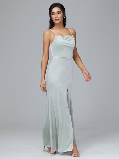 Spaghetti Straps Zipper Back Plus Size Velvet Bridesmaid Dress With Slit