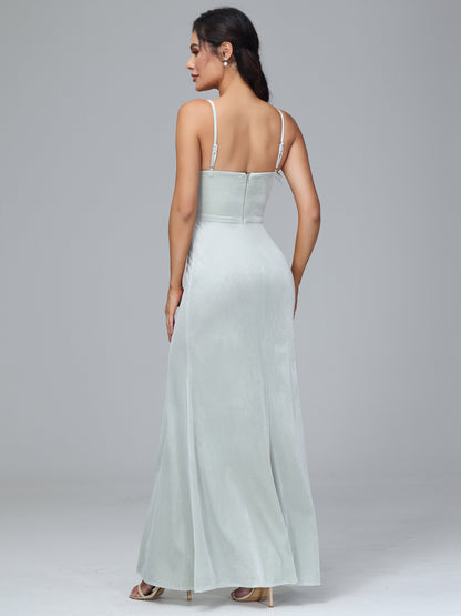 Spaghetti Straps Zipper Back Plus Size Velvet Bridesmaid Dress With Slit