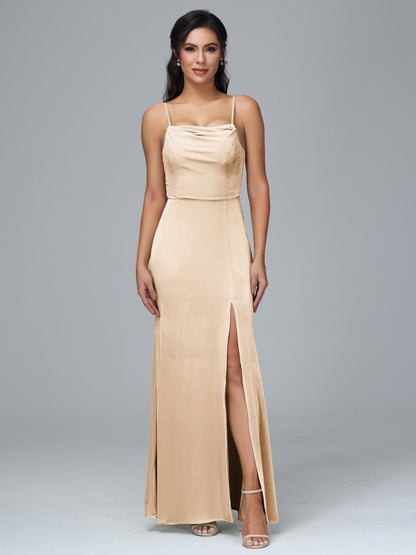 Spaghetti Straps Zipper Back Velvet Bridesmaid Dress With Slit