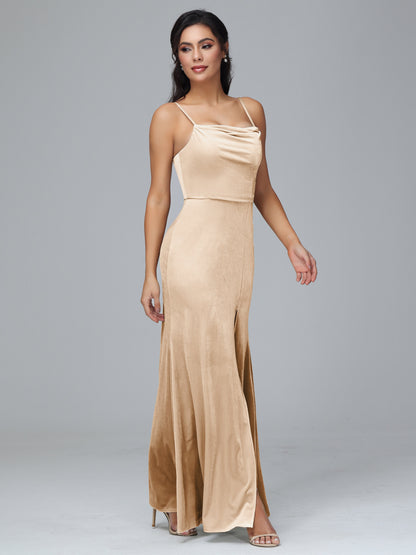 Spaghetti Straps Zipper Back Plus Size Velvet Bridesmaid Dress With Slit