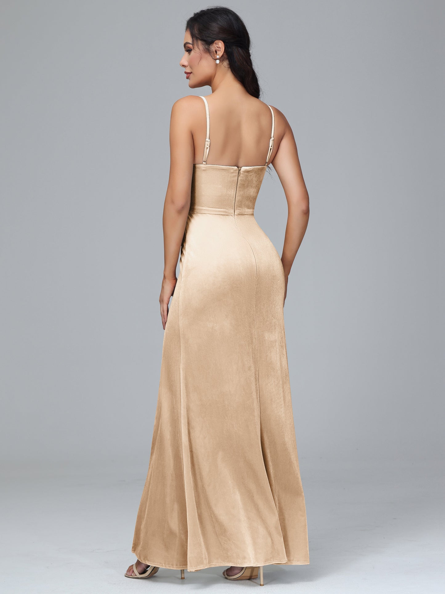 Spaghetti Straps Zipper Back Plus Size Velvet Bridesmaid Dress With Slit