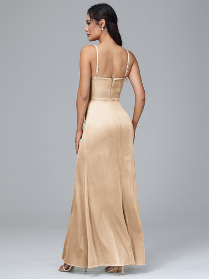 Spaghetti Straps Zipper Back Plus Size Velvet Bridesmaid Dress With Slit