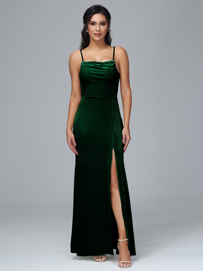Spaghetti Straps Zipper Back Plus Size Velvet Bridesmaid Dress With Slit