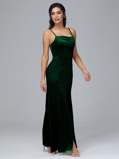 Spaghetti Straps Zipper Back Plus Size Velvet Bridesmaid Dress With Slit