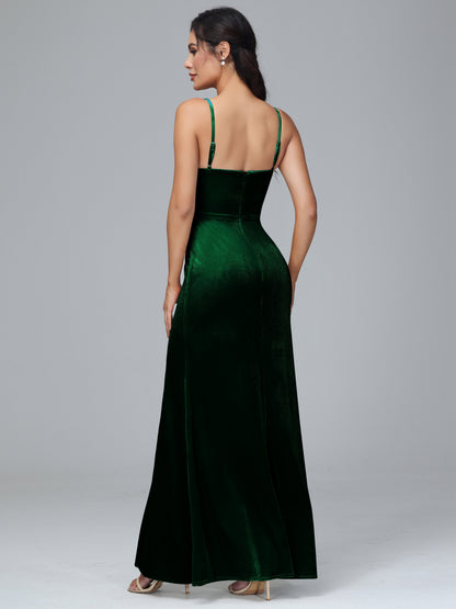 Spaghetti Straps Zipper Back Plus Size Velvet Bridesmaid Dress With Slit