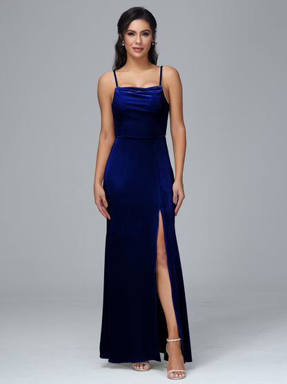 Spaghetti Straps Zipper Back Plus Size Velvet Bridesmaid Dress With Slit