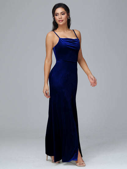 Spaghetti Straps Zipper Back Plus Size Velvet Bridesmaid Dress With Slit