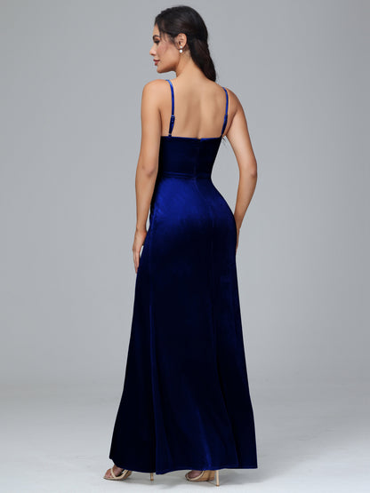 Spaghetti Straps Zipper Back Plus Size Velvet Bridesmaid Dress With Slit