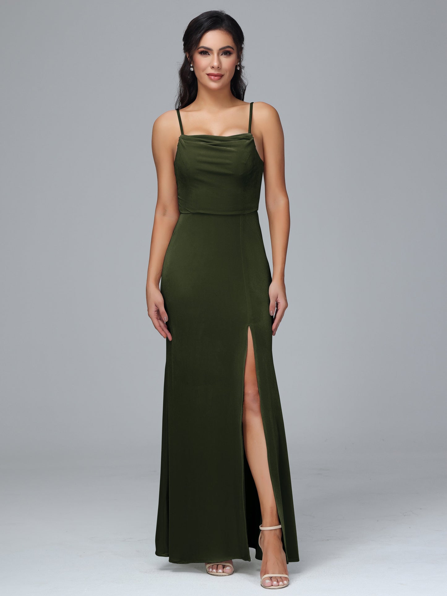 Spaghetti Straps Zipper Back Plus Size Velvet Bridesmaid Dress With Slit