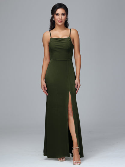 Spaghetti Straps Zipper Back Plus Size Velvet Bridesmaid Dress With Slit