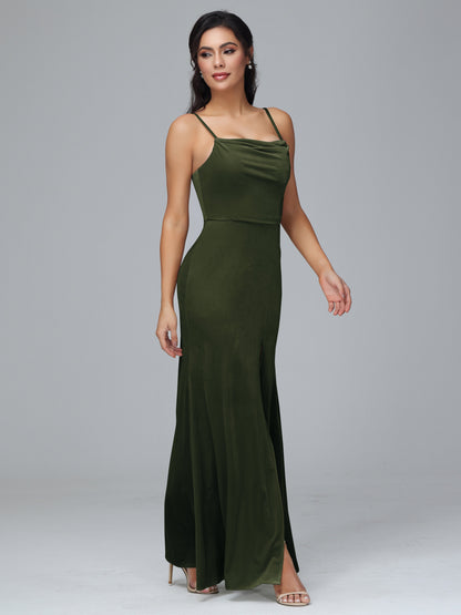 Spaghetti Straps Zipper Back Plus Size Velvet Bridesmaid Dress With Slit