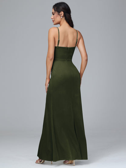 Spaghetti Straps Zipper Back Plus Size Velvet Bridesmaid Dress With Slit