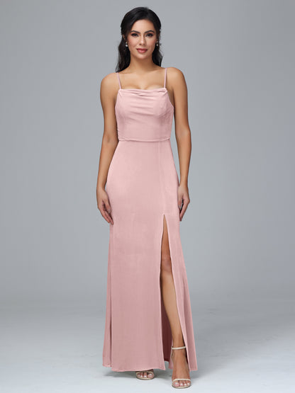 Spaghetti Straps Zipper Back Velvet Bridesmaid Dress With Slit