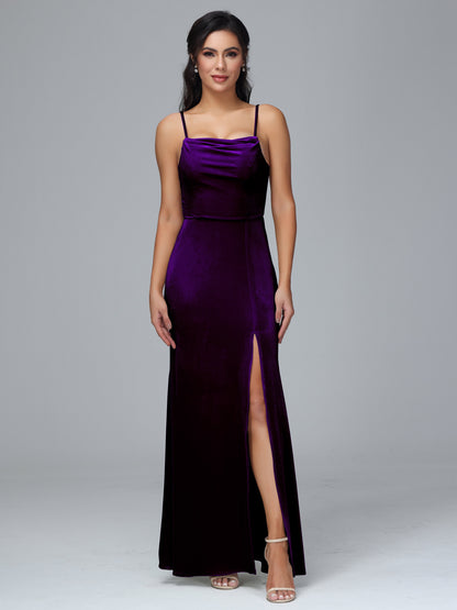 Spaghetti Straps Zipper Back Velvet Bridesmaid Dress With Slit