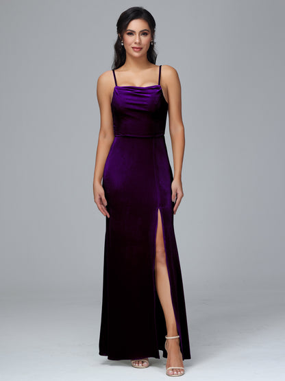 Spaghetti Straps Zipper Back Plus Size Velvet Bridesmaid Dress With Slit