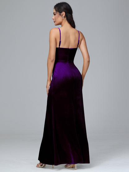 Spaghetti Straps Zipper Back Plus Size Velvet Bridesmaid Dress With Slit