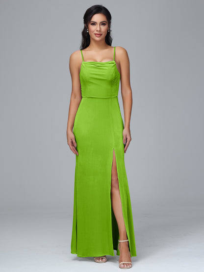 Spaghetti Straps Zipper Back Velvet Bridesmaid Dress With Slit