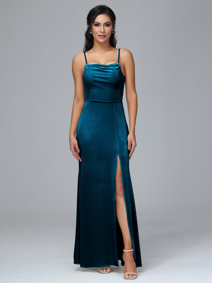 Spaghetti Straps Zipper Back Velvet Bridesmaid Dress With Slit