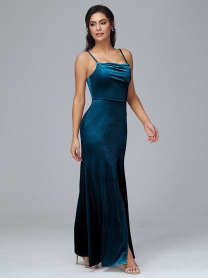 Spaghetti Straps Zipper Back Plus Size Velvet Bridesmaid Dress With Slit