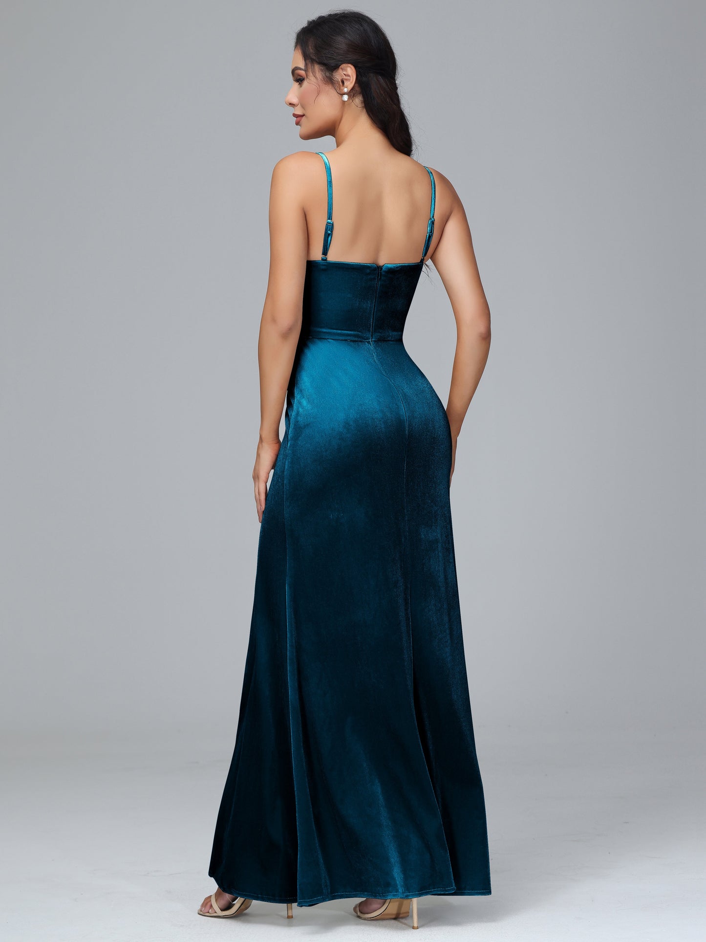 Spaghetti Straps Zipper Back Plus Size Velvet Bridesmaid Dress With Slit