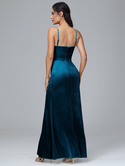 Spaghetti Straps Zipper Back Plus Size Velvet Bridesmaid Dress With Slit