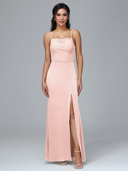 Spaghetti Straps Zipper Back Plus Size Velvet Bridesmaid Dress With Slit