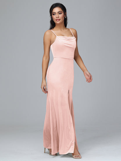 Spaghetti Straps Zipper Back Plus Size Velvet Bridesmaid Dress With Slit