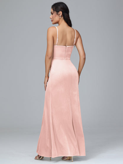 Spaghetti Straps Zipper Back Plus Size Velvet Bridesmaid Dress With Slit