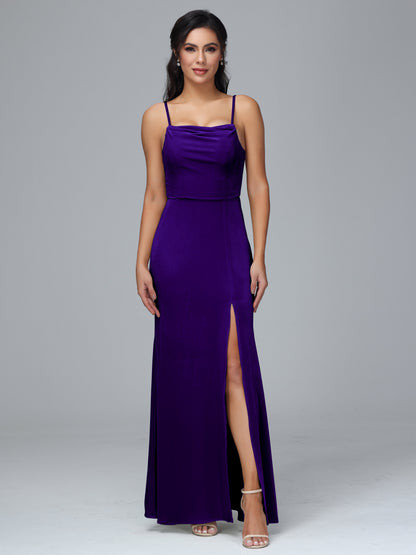 Spaghetti Straps Zipper Back Velvet Bridesmaid Dress With Slit