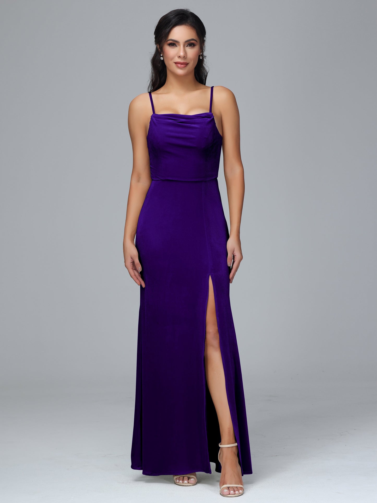Spaghetti Straps Zipper Back Plus Size Velvet Bridesmaid Dress With Slit