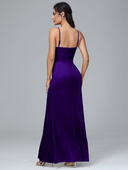 Spaghetti Straps Zipper Back Plus Size Velvet Bridesmaid Dress With Slit