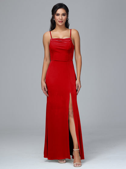 Spaghetti Straps Zipper Back Velvet Bridesmaid Dress With Slit
