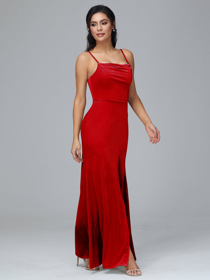Spaghetti Straps Zipper Back Plus Size Velvet Bridesmaid Dress With Slit