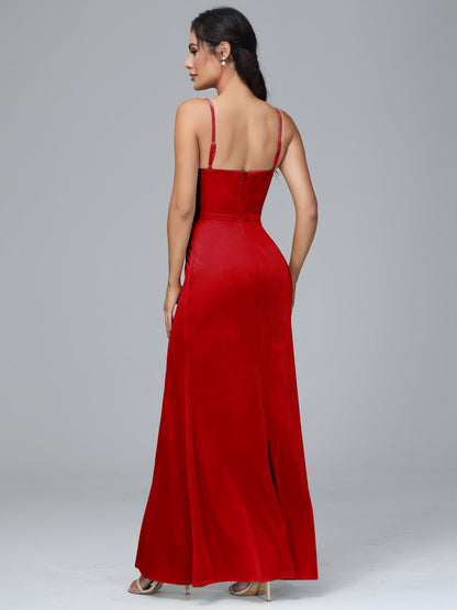Spaghetti Straps Zipper Back Velvet Bridesmaid Dress With Slit