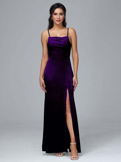 Spaghetti Straps Zipper Back Plus Size Velvet Bridesmaid Dress With Slit
