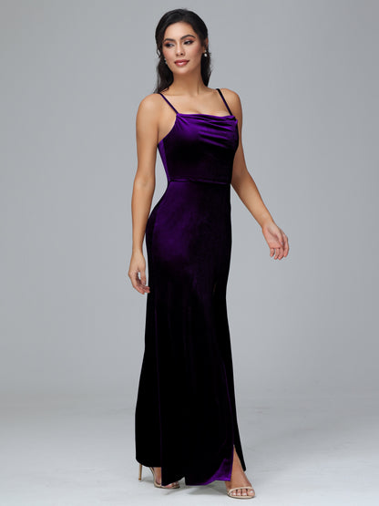 Spaghetti Straps Zipper Back Plus Size Velvet Bridesmaid Dress With Slit