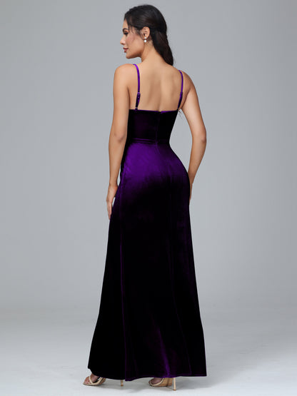 Spaghetti Straps Zipper Back Velvet Bridesmaid Dress With Slit