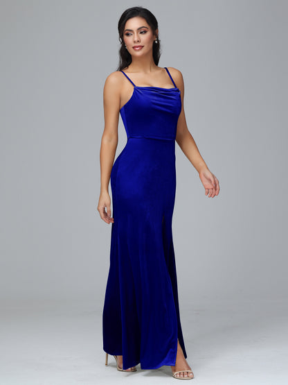 Spaghetti Straps Zipper Back Plus Size Velvet Bridesmaid Dress With Slit