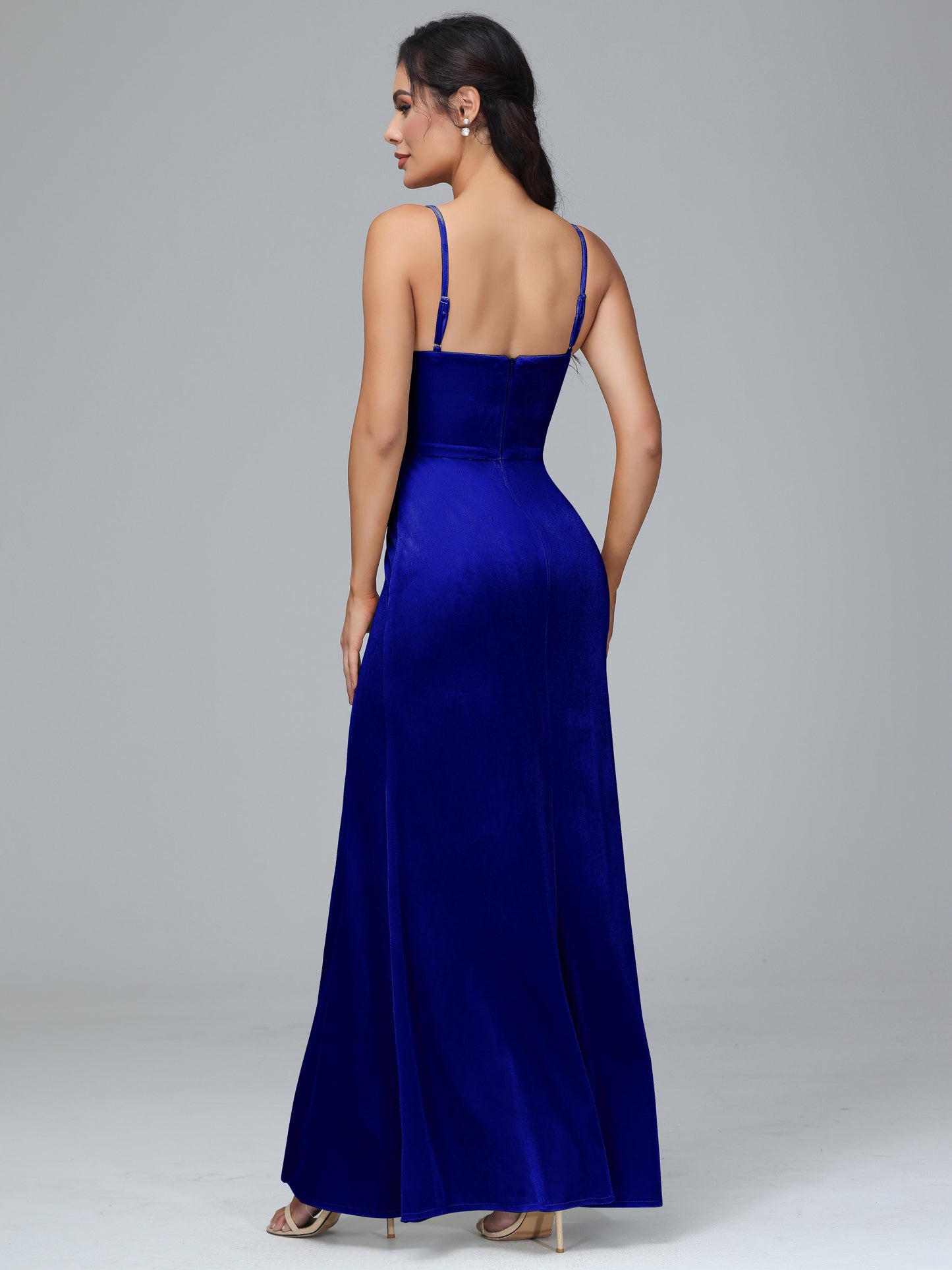 Spaghetti Straps Zipper Back Plus Size Velvet Bridesmaid Dress With Slit