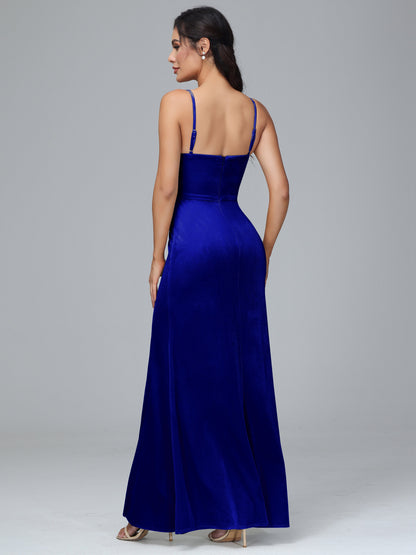 Spaghetti Straps Zipper Back Plus Size Velvet Bridesmaid Dress With Slit