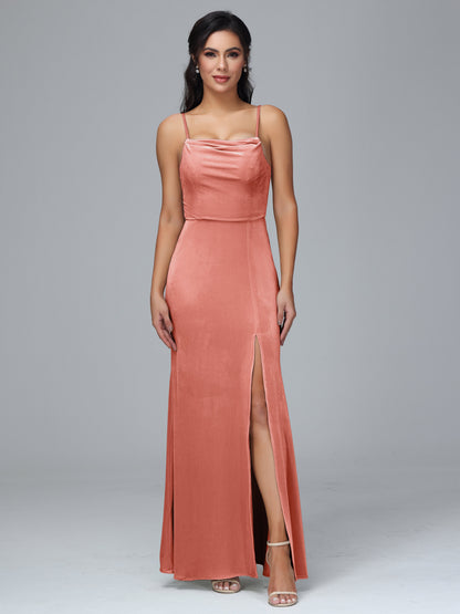 Spaghetti Straps Zipper Back Velvet Bridesmaid Dress With Slit