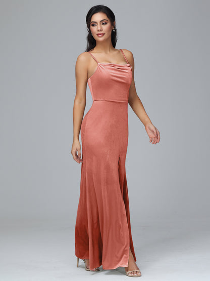 Spaghetti Straps Zipper Back Plus Size Velvet Bridesmaid Dress With Slit