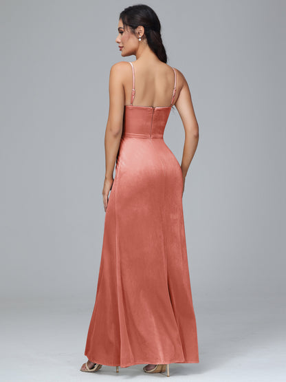 Spaghetti Straps Zipper Back Plus Size Velvet Bridesmaid Dress With Slit