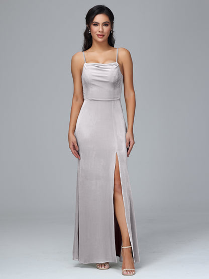 Spaghetti Straps Zipper Back Velvet Bridesmaid Dress With Slit