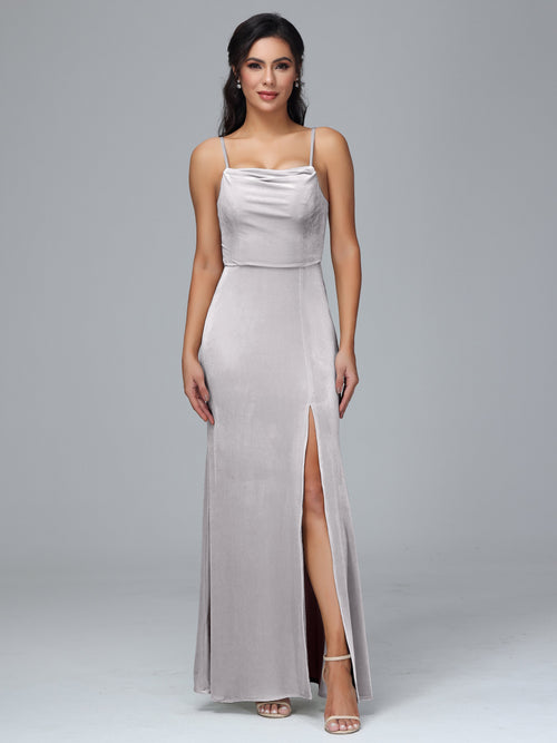 Spaghetti Straps Zipper Back Velvet Bridesmaid Dress With Slit