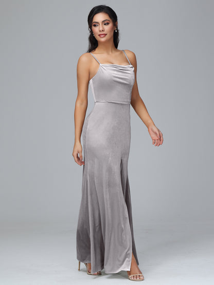 Spaghetti Straps Zipper Back Plus Size Velvet Bridesmaid Dress With Slit